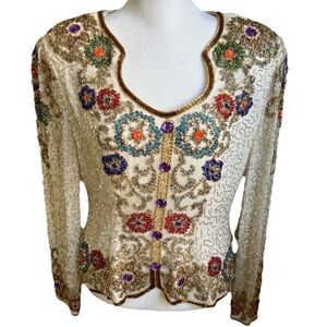 VINTAGE Sequin Beaded women’s 100% Silk Jacket sz 8 Floral Embellished Colorful